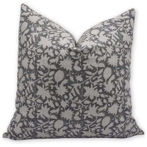 Fabdivine Block Print Throw Pillow Cover, 18x18 Inch Thick Linen Handmade Cushion Cover, Floral Print Boho Design Gray Pillow Cover for Sofa and Couch