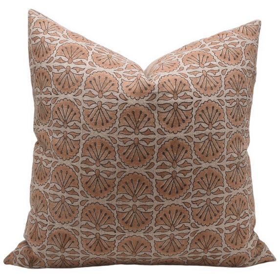 Fabdivine Block Print Throw Pillow Cover, 18x18 Inch Thick Linen Handmade Cushion Cover, Floral Print Boho Design Rust Pillow Cover for Sofa and Couch
