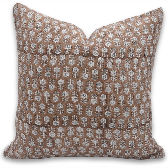 Fabdivine Block Print Throw Pillow Cover, 18x18 Inch Thick Linen Handmade Cushion Cover, Floral Print Boho Design Rust Pillow Cover for Sofa and Couch
