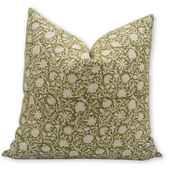 Fabdivine Block Print Throw Pillow Cover, 18x18 Inch Thick Linen Handmade Cushion Cover, Floral Print Boho Design Green Pillow Cover for Sofa and Couch