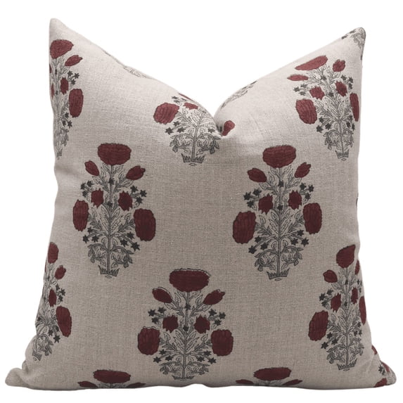 Fabdivine Block Print Throw Pillow Cover, 18x18 Inch Thick Linen Vintage Cushion Cover, Floral Print Boho Design Wine Pillow Cover for Sofa and Couch