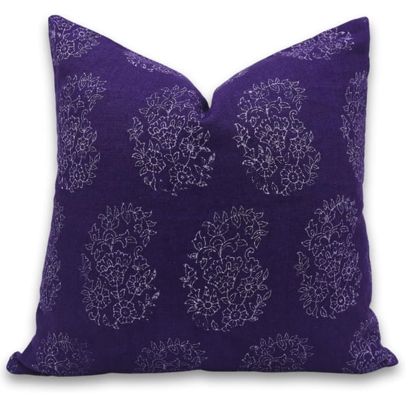 Fabdivine Block Print Throw Pillow Cover, 18x18 Inch Off White Linen Handmade Cushion Cover, Floral Print Boho Design Purple Pillow Cover for Sofa and Couch