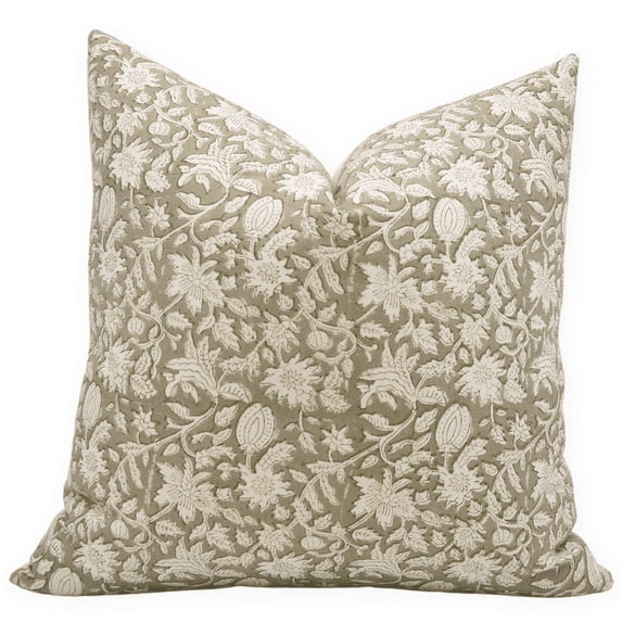 Fabdivine Block Print Throw Pillow Cover, 20x20 Inch Duck Canvas Decorative Cushion Cover, Floral Print Boho Design Green Pillow Cover for Sofa and Couch