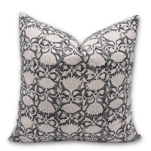 Fabdivine Handmade Duck Canvas Block Print Pillow Cover 20x20 Gray Floral Rustic Boho Cushion