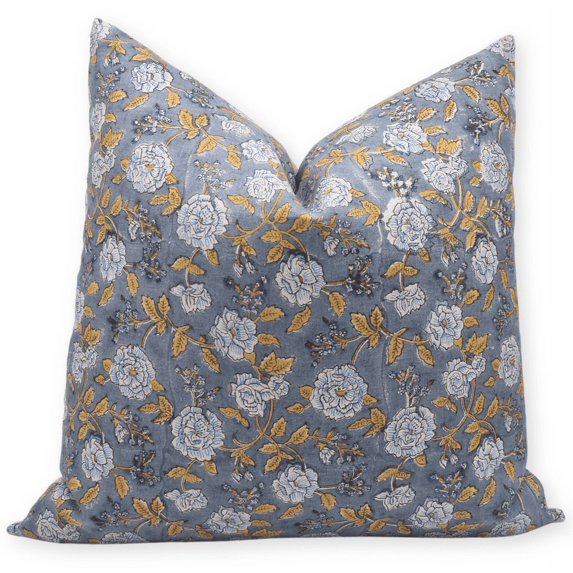 Fabdivine Block Print Throw Pillow Cover, 20x20 Inch Pure Linen Decorative Cushion Cover, Floral Print Boho Design Light blue Pillow Cover for Sofa and Couch