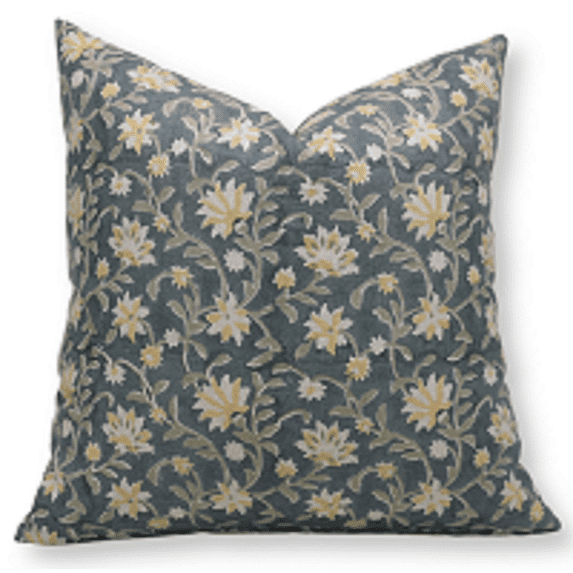 Fabdivine Block Print Throw Pillow Cover, 20x20 Inch Pure Linen Handmade Cushion Cover, Floral Print Boho Design Light Teal Pillow Cover for Sofa and Couch