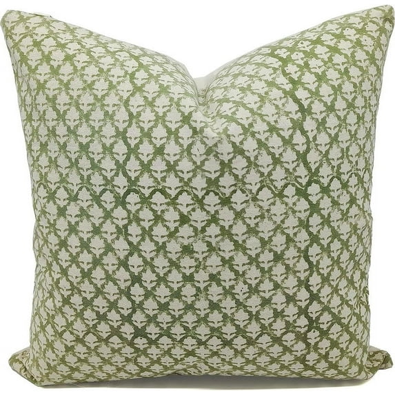 Fabdivine Block Print Throw Pillow Cover, 20x20 Inch Thick Cotton Decorative Cushion Cover, Floral Print Boho Design Green Pillow Cover for Sofa and Couch
