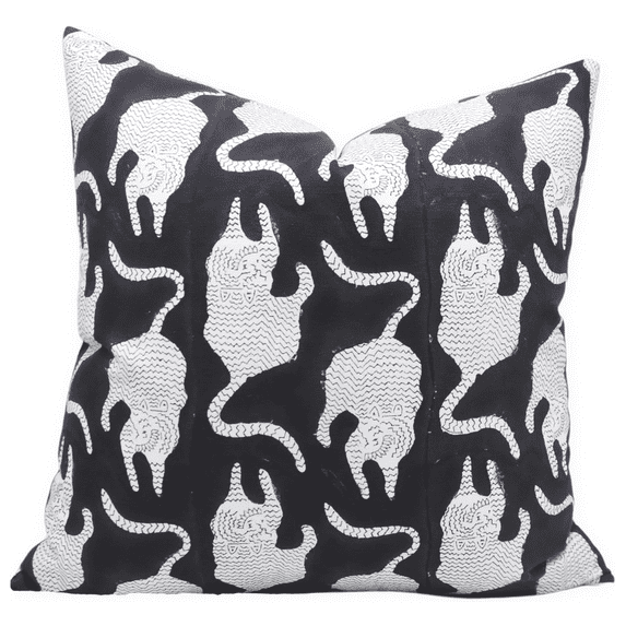 Fabdivine Block Print Throw Pillow Cover, 20x20 Inch Thick Cotton White Decorative Cushion Cover, Floral Print Boho Design Black Pillow Cover for Sofa and Couch