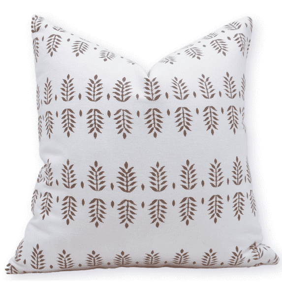 Fabdivine 20x20 Brown Floral Block Print Pillow Cover – Handmade Thick Cotton White Boho Decorative Cushion for Sofa & Couch