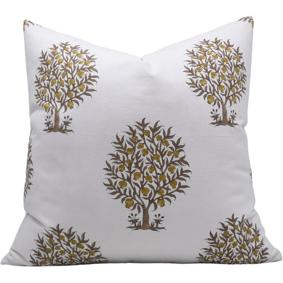 Fabdivine Block Print Throw Pillow Cover, 20x20 Inch Thick Cotton White Decorative Cushion Cover, Floral Print Boho Design Light Brown Pillow Cover for Sofa and Couch