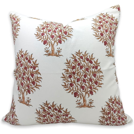 Fabdivine Block Print Throw Pillow Cover, 20x20 Inch Thick Cotton White Decorative Cushion Cover, Floral Print Boho Design Rust Pillow Cover for Sofa and Couch