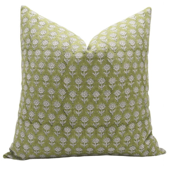 Fabdivine Block Print Throw Pillow Cover, 20x20 Inch Thick Linen Decorative Cushion Cover, Floral Print Boho Design Green Pillow Cover for Sofa and Couch