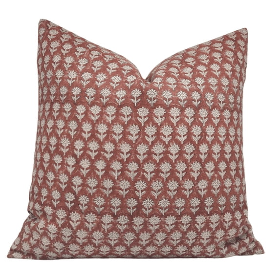 Fabdivine Block Print Throw Pillow Cover, 20x20 Inch Thick Linen Decorative Cushion Cover, Floral Print Boho Design Maroon Pillow Cover for Sofa and Couch