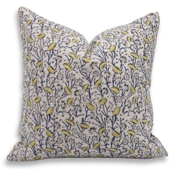 Fabdivine Block Print Throw Pillow Cover, 20x20 Inch Thick Linen Decorative Cushion Cover, Floral Print Boho Design Mustard Pillow Cover for Sofa and Couch