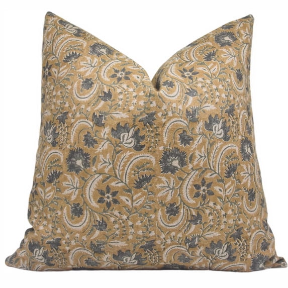 Fabdivine Block Print Throw Pillow Cover, 20x20 Inch Thick Linen Decorative Cushion Cover, Floral Print Boho Design Mustard Pillow Cover for Sofa and Couch