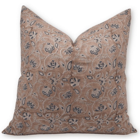 Fabdivine Block Print Throw Pillow Cover, 20x20 Inch Thick Linen Decorative Pillowcase, Floral Boho Design Brown Pillow Cover for Sofa And Couch