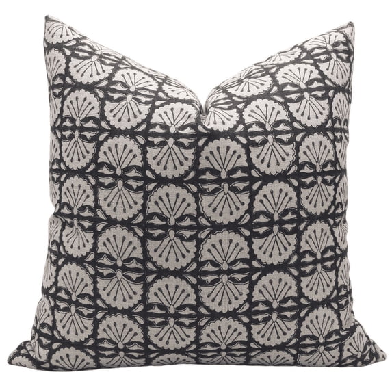 Fabdivine Block Print Throw Pillow Cover, 20x20 Inch Thick Linen Handmade Cushion Cover, Floral Print Boho Design Black Pillow Cover for Sofa and Couch