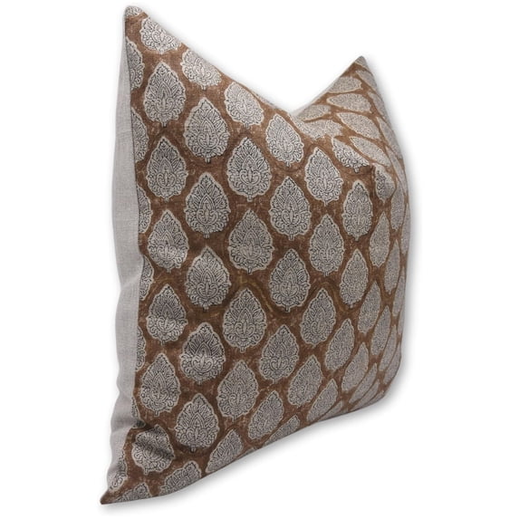 Fabdivine Block Print Throw Pillow Cover, 20x20 Inch Thick Linen Handmade Cushion Cover, Floral Print Boho Design Borwn Pillow Cover for Sofa and Couch