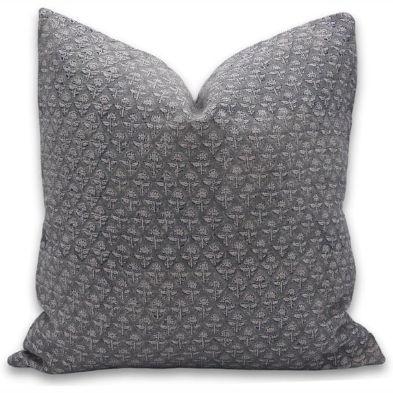 Fabdivine Block Print Throw Pillow Cover, 20x20 Inch Thick Linen Handmade Cushion Cover, Floral Print Boho Design Gray Pillow Cover for Sofa and Couch