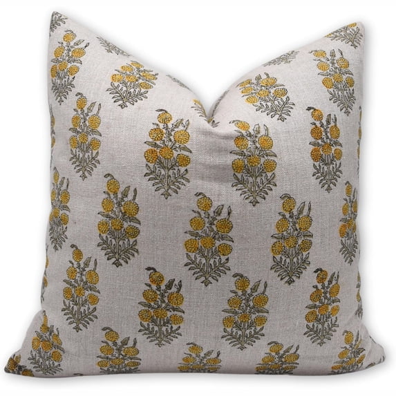 Fabdivine Block Print Throw Pillow Cover, 20x20 Inch Thick Linen Handmade Cushion Cover, Floral Print Boho Design Mustard Pillow Cover for Sofa and Couch
