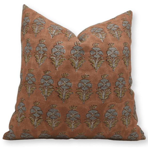 Fabdivine Block Print Throw Pillow Cover, 20x20 Inch Thick Linen Handmade Cushion Cover, Floral Print Boho Design Rust Pillow Cover for Sofa and Couch