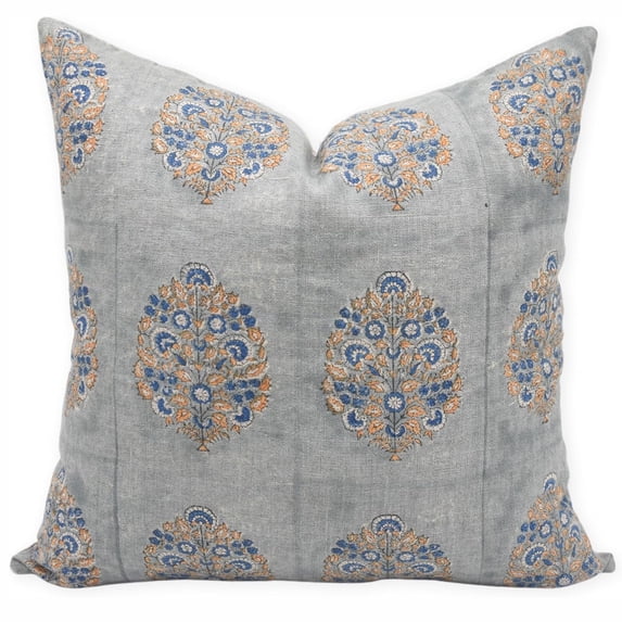 Fabdivine Block Print Throw Pillow Cover, 20x20 Inch Thick Linen Handmade Cushion Cover, Floral Print Boho Design Brown Pillow Cover for Sofa and Couch