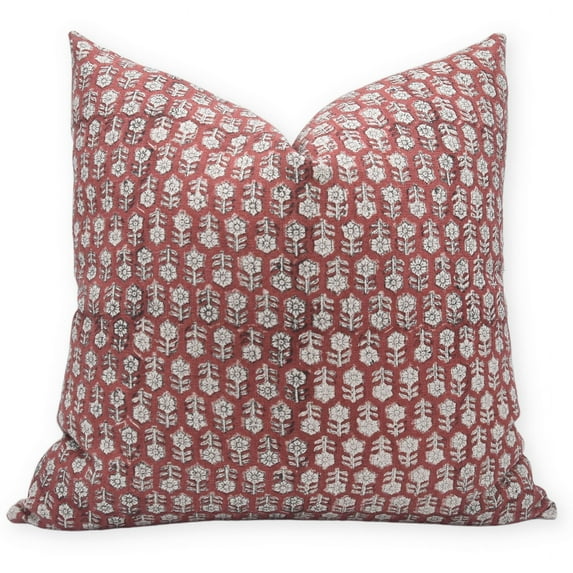 Fabdivine Block Print Throw Pillow Cover, 20x20 Inch Thick Linen Outdoor Cushion Cover, Floral Print Boho Design Maroon Pillow Cover for Sofa and Couch