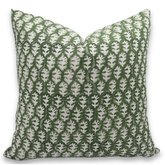 Fabdivine Block Print Throw Pillow Cover, 20x20 Inch Thick Linen Vintage Cushion Cover, Floral Print Boho Design Green Pillow Cover for Sofa and Couch