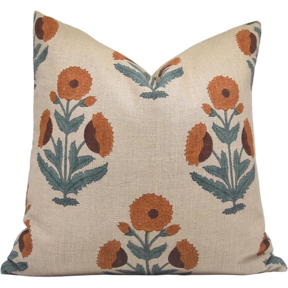 Fabdivine Block Print Throw Pillow Cover, 20x20 Inch Thick Linen Vintage Cushion Cover, Floral Print Boho Design Mustard Pillow Cover for Sofa and Couch