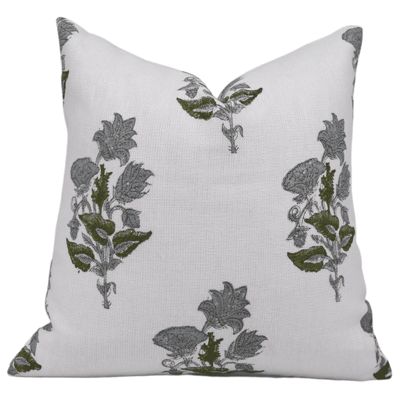 Fabdivine Block Print Throw Pillow Cover, 20x20 Inch Off White Linen Decorative Cushion Cover, Floral Print Boho Design Green Pillow Cover for Sofa and Couch