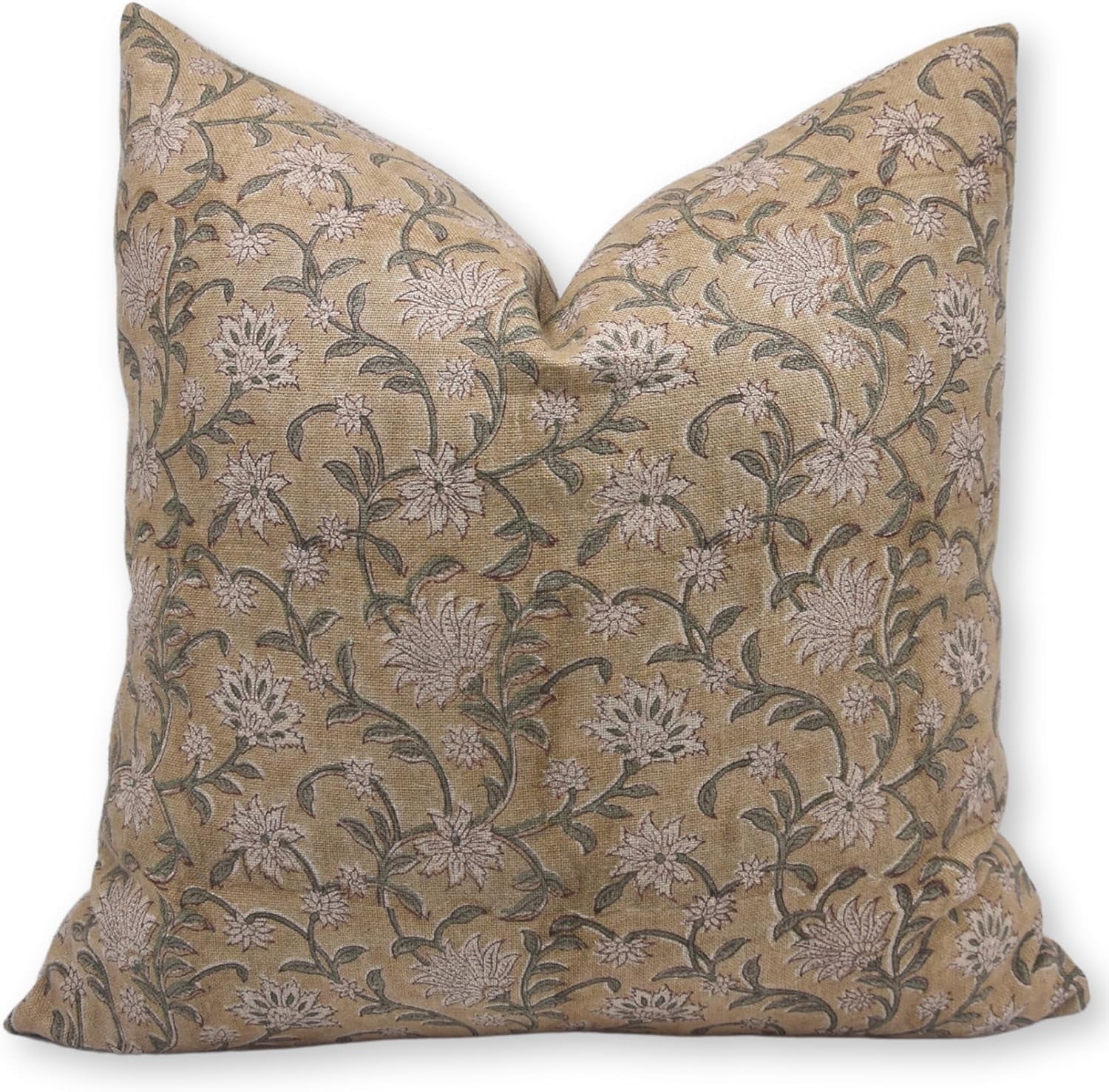 Fabdivine Block Print Throw Pillow Cover, 20x20 InchThick Linen Decorative Pillowcase, Floral Boho Design Brown Pillow Cover for Sofa And Couch