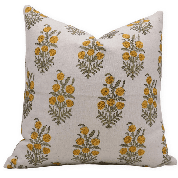 Fabdivine Block Print Throw Pillow Cover, 22x22 Inch Duck Canvas Decorative Cushion Cover, Floral Print Boho Design Mustard Pillow Cover for Sofa and Couch