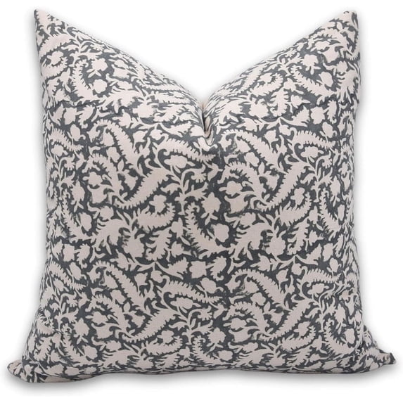 Fabdivine Block Print Throw Pillow Cover, 22x22 Inch Duck Canvas Handmade Cushion Cover, Floral Print Boho Design Grey Pillow Cover for Sofa and Couch