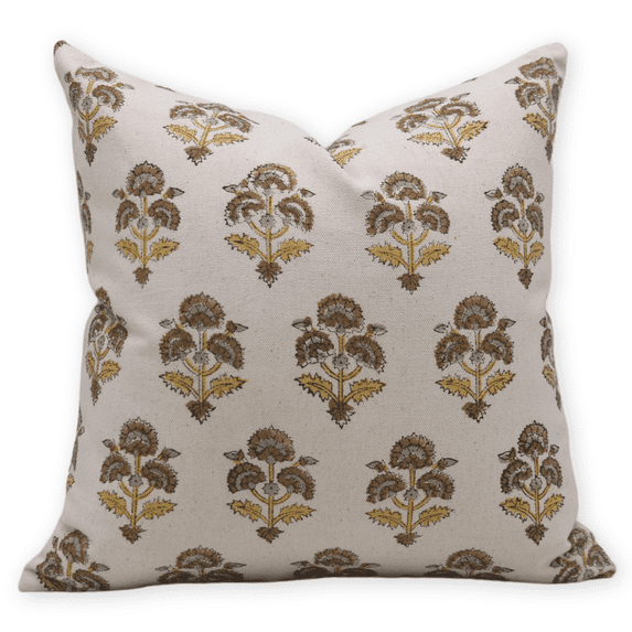 Fabdivine Block Print Throw Pillow Cover, 22x22 Inch Duck Canvas Handmade Cushion Cover, Floral Print Boho Design Grey Pillow Cover for Sofa and Couch