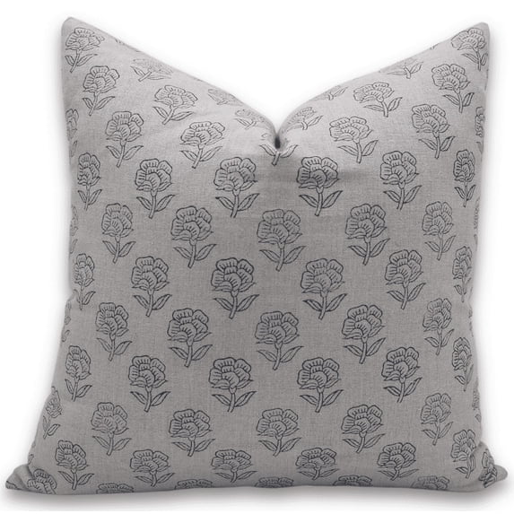 Fabdivine Block Print Throw Pillow Cover, 22x22 Inch Pure Linen Decorative Cushion Cover, Floral Print Boho Design Blue Pillow Cover for Sofa and Couch