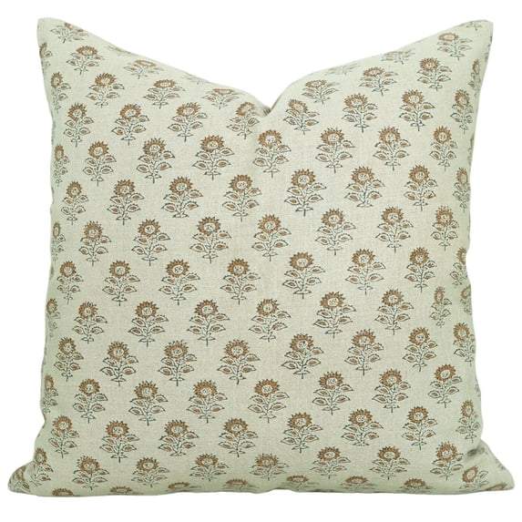 Fabdivine Block Print Throw Pillow Cover, 22x22 Inch Pure Linen Decorative Cushion Cover, Floral Print Boho Design Brown Pillow Cover for Sofa and Couch