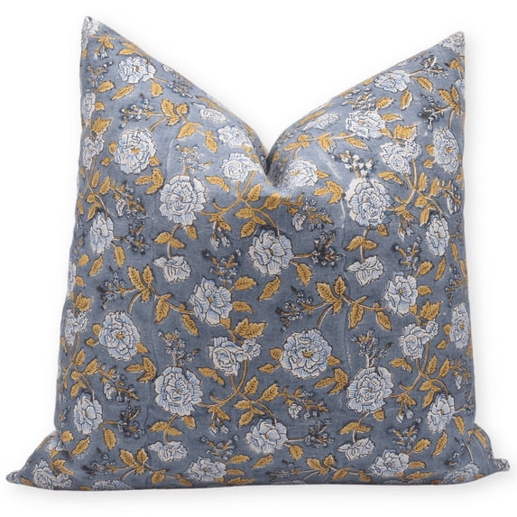 Fabdivine Block Print Throw Pillow Cover, 22x22 Inch Pure Linen Decorative Cushion Cover, Floral Print Boho Design Light blue Pillow Cover for Sofa and Couch