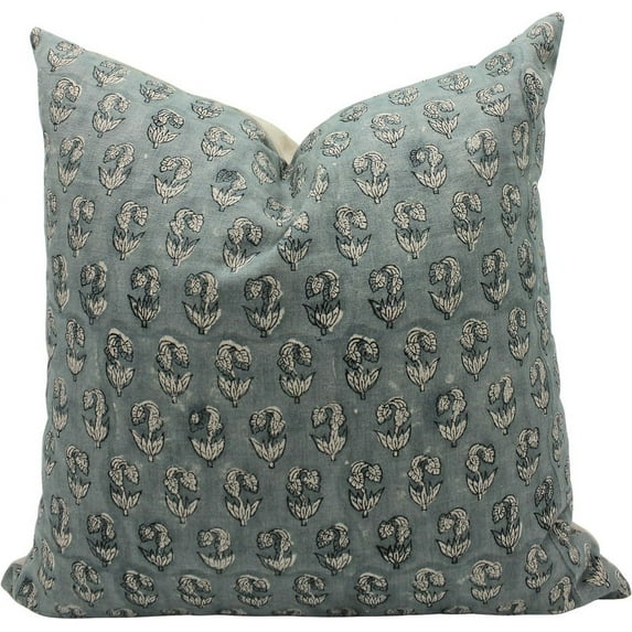 Fabdivine Block Print Throw Pillow Cover, 22x22 Inch Pure Linen Vintage Cushion Cover, Floral Print Boho Design Sage Green Pillow Cover for Sofa and Couch