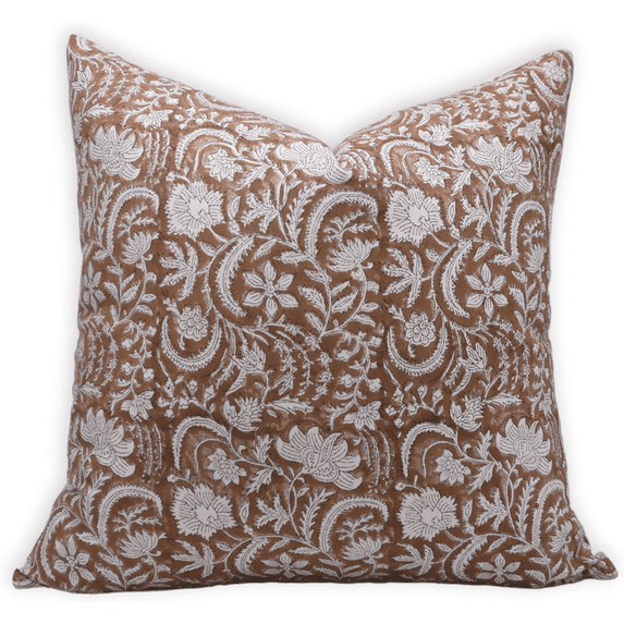 Fabdivine Block Print Throw Pillow Cover, 22x22 Inch Thick Cotton White Decorative Cushion Cover, Floral Print Boho Design Brown Pillow Cover for Sofa and Couch