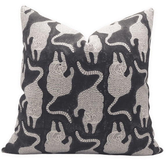 Fabdivine Block Print Throw Pillow Cover, 22x22 Inch Thick Linen Decorative Cushion Cover, Floral Print Boho Design Black Pillow Cover for Sofa and Couch