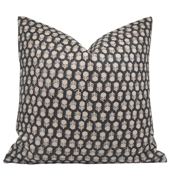 Fabdivine Block Print Throw Pillow Cover, 22x22 Inch Thick Linen Decorative Cushion Cover, Floral Print Boho Design Black Pillow Cover for Sofa and Couch