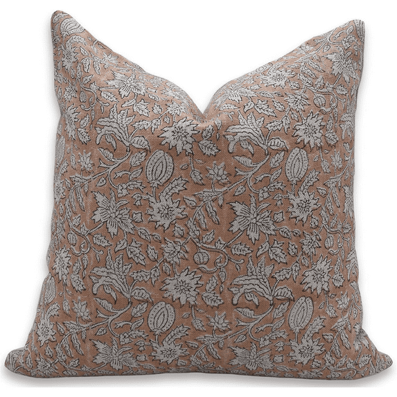 Fabdivine Block Print Throw Pillow Cover, 22x22 Inch Thick Linen Decorative Cushion Cover, Floral Print Boho Design Brown Pillow Cover for Sofa and Couch