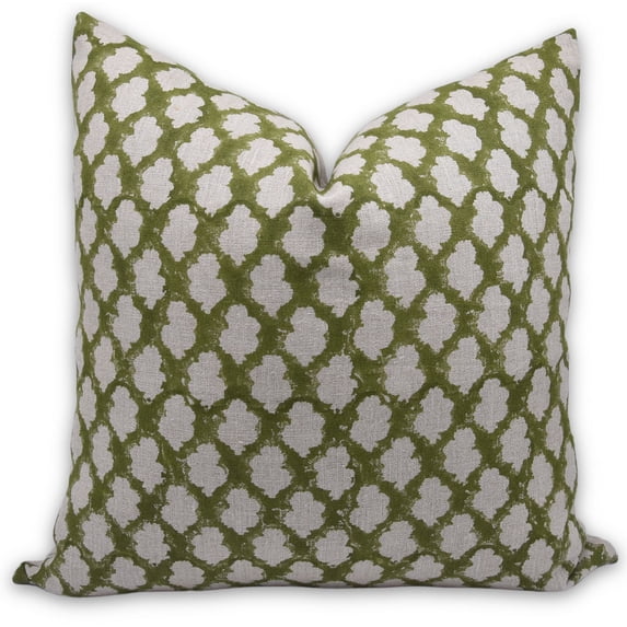 Fabdivine Block Print Throw Pillow Cover, 22x22 Inch Thick Linen Handmade Cushion Cover, Floral Print Boho Design Green Pillow Cover for Sofa and Couch
