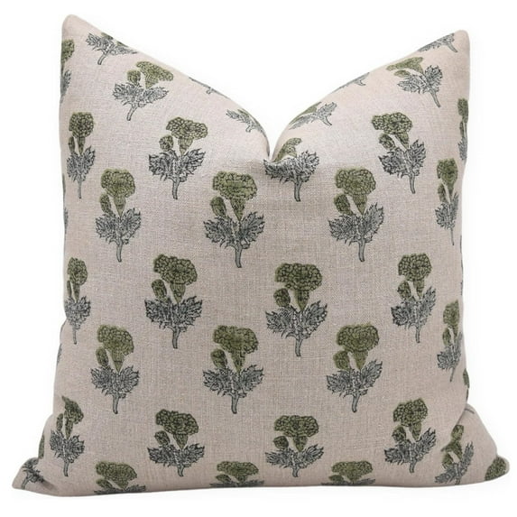 Fabdivine Handcrafted Floral Block Print Thick Linen Home Decor Pillow Cover 22x22in Green Boho