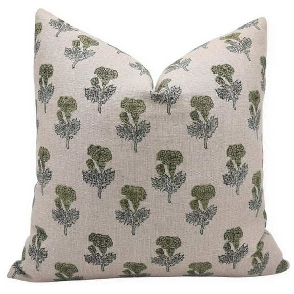 Fabdivine Handcrafted Floral Block Print Thick Linen Home Decor Pillow Cover 22x22in Green Boho