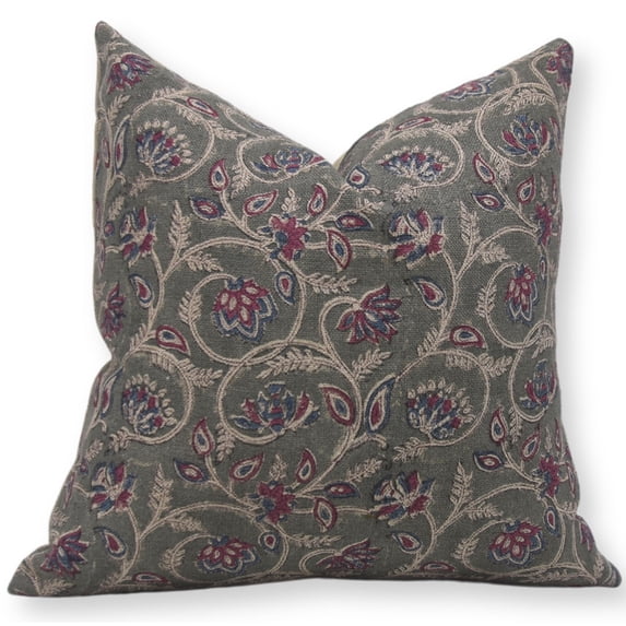 Fabdivine Block Print Throw Pillow Cover, 22x22 Inch Thick Linen Handmade Cushion Cover, Floral Print Boho Design Green Pillow Cover for Sofa and Couch