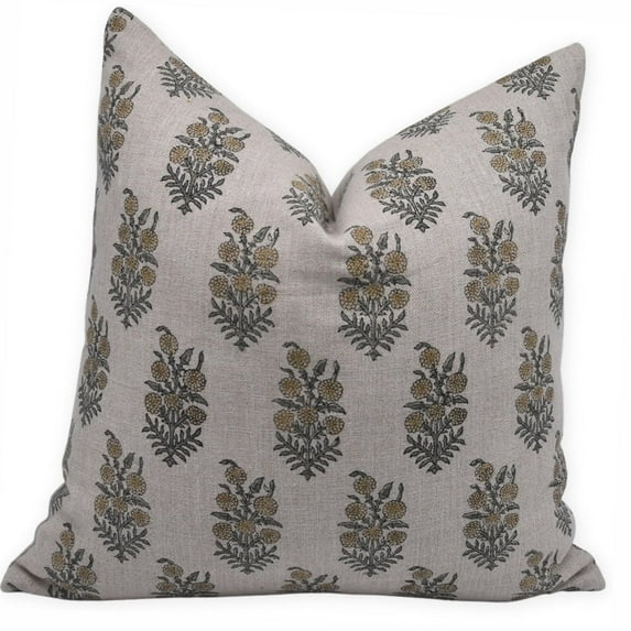Fabdivine Block Print Throw Pillow Cover, 22x22 Inch Thick Linen Handmade Cushion Cover, Floral Print Boho Design Green Pillow Cover for Sofa and Couch