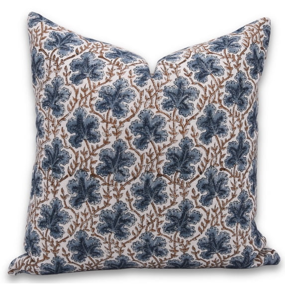 Fabdivine Block Print Throw Pillow Cover, 22x22 Inch Off white Linen Decorative Cushion Cover, Floral Print Boho Design Blue Pillow Cover for Sofa and Couch