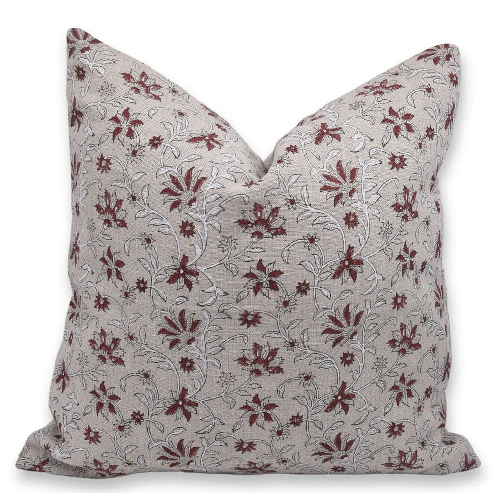 Fabdivine Block Print Throw Pillow Cover, 22x22 InchThick Linen Decorative Cushion Cover, Floral Print Boho Design Maroon Pillow Cover for Sofa and Couch