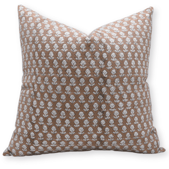 Fabdivine Block Print Throw Pillow Cover, 24X24 Inch Thick Cotton White Decorative Cushion Cover, Floral Print Boho Design Light Brown Pillow Cover for Sofa and Couch
